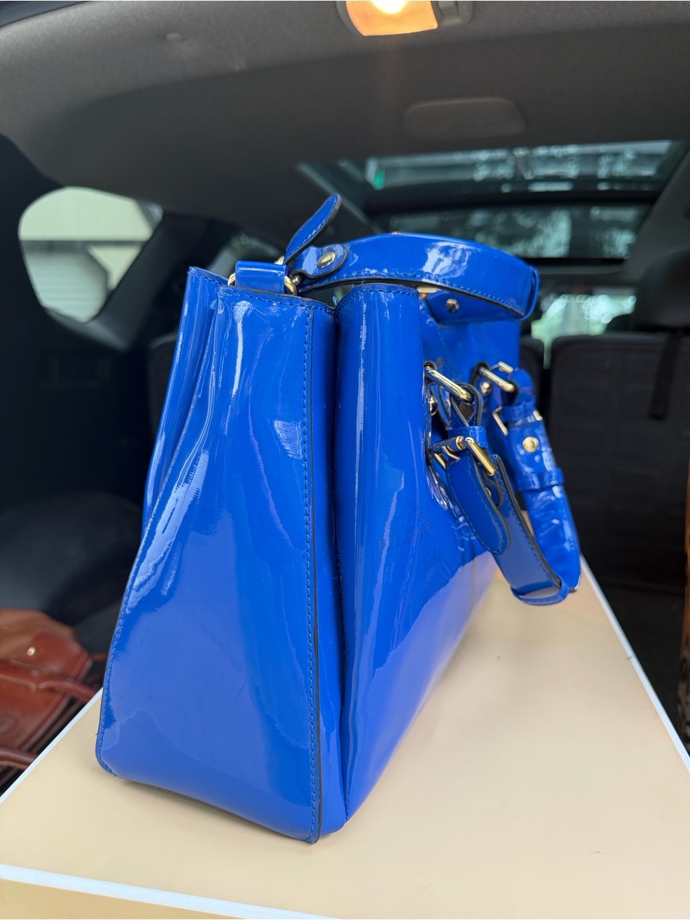 Gianni Bini Patent-Style Satchel Handbag in Bright Blue with Gold Hardware - Picture 4 of 5